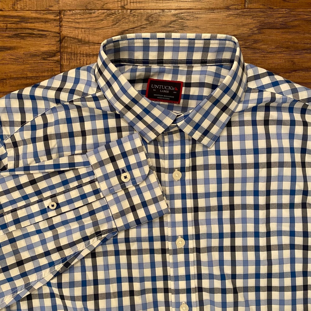 UNTUCKit Button Down Shirt Mens Large Blue Gingham Performance Stretch LS